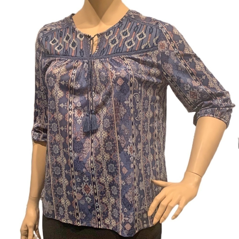 Style & Co. Boho Peasant Top Size XL Embroidery Crocheted Yoke Blue Cream Pink
